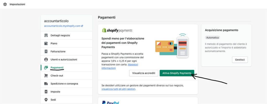 come attivare shopify payments